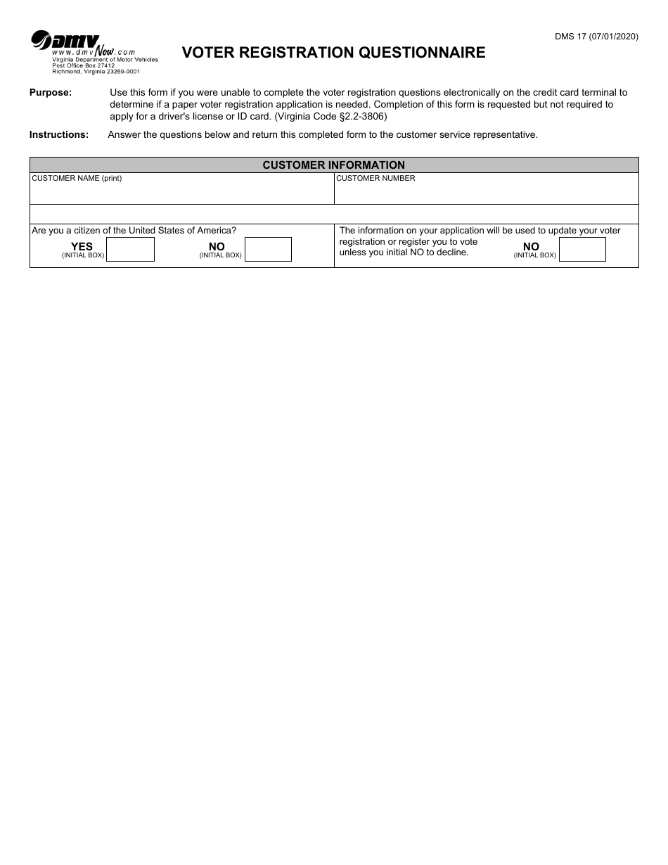 Form DMS17 Voter Registration Questionnaire - Virginia, Page 1