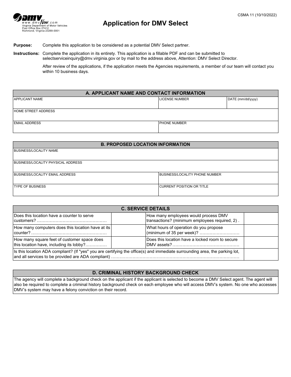 Form CSMA11 Application for DMV Select - Virginia, Page 1