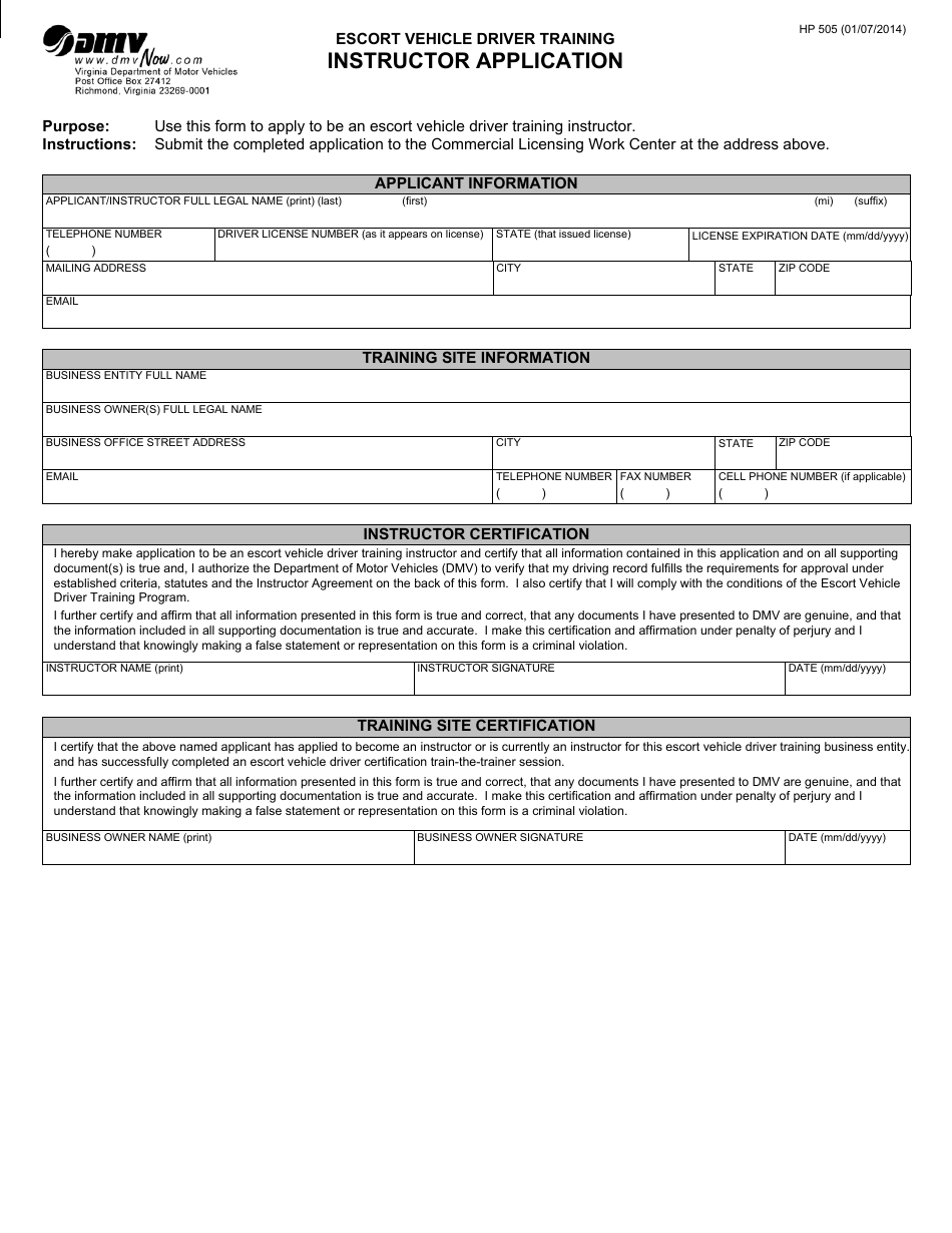 Form HP505 Escort Vehicle Driver Training Instructor Application - Virginia, Page 1