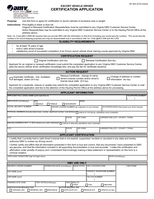Form HP404 Escort Vehicle Driver Certification Application - Virginia