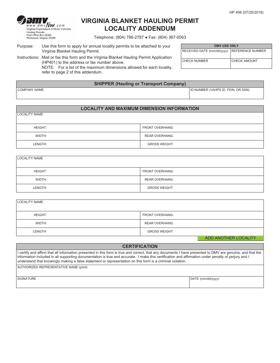 Form HP406 Virginia Blanket Hauling Permit Locality Addendum - Virginia, Page 1