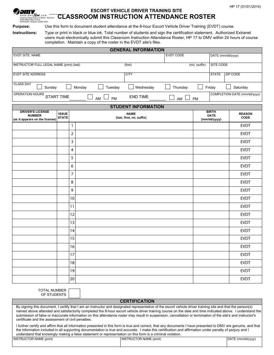Form HP17 Escort Vehicle Driver Training Site Classroom Instruction Attendance Roster - Virginia, Page 1