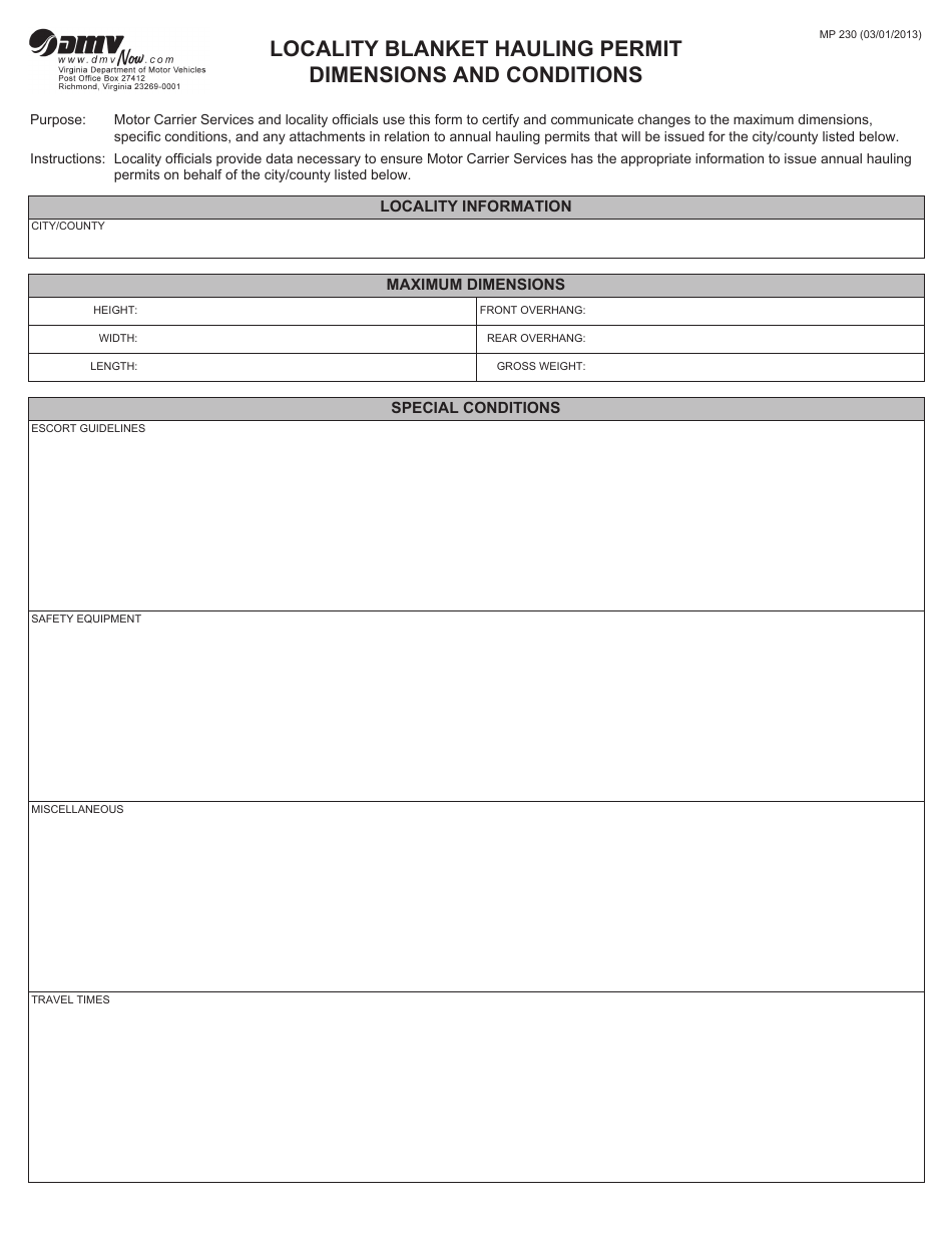 Form MP230 Locality Blanket Hauling Permit Dimensions and Conditions - Virginia, Page 1