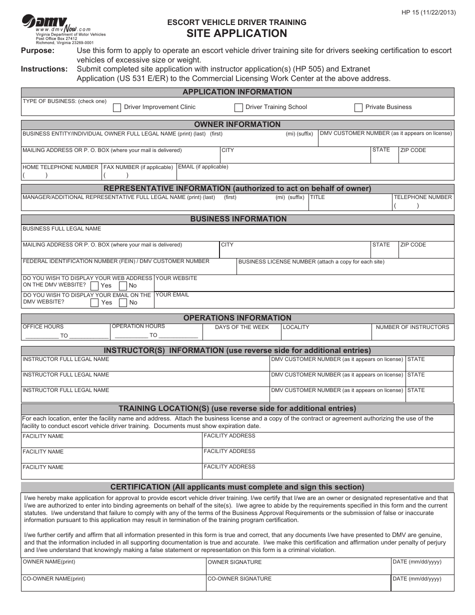Form HP15 Escort Vehicle Driver Training Site Application - Virginia, Page 1