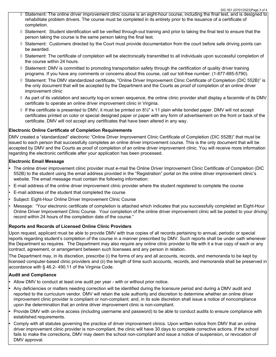 Form DIC551 Virginia Online Driver Improvement Clinic Two-Year License Application and Agreement - Virginia, Page 3