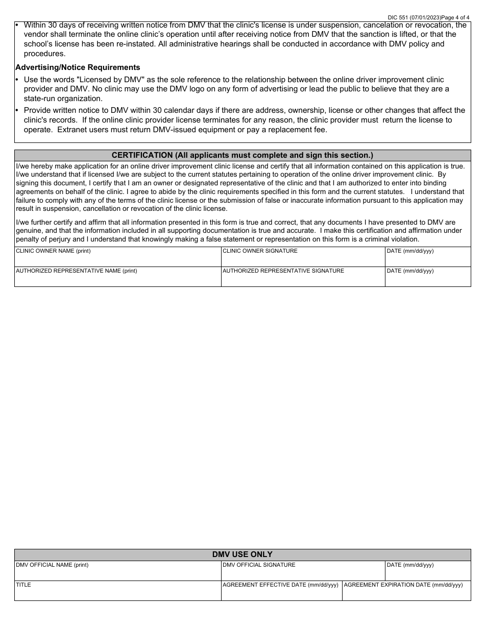 Form DIC551 Virginia Online Driver Improvement Clinic Two-Year License Application and Agreement - Virginia, Page 4