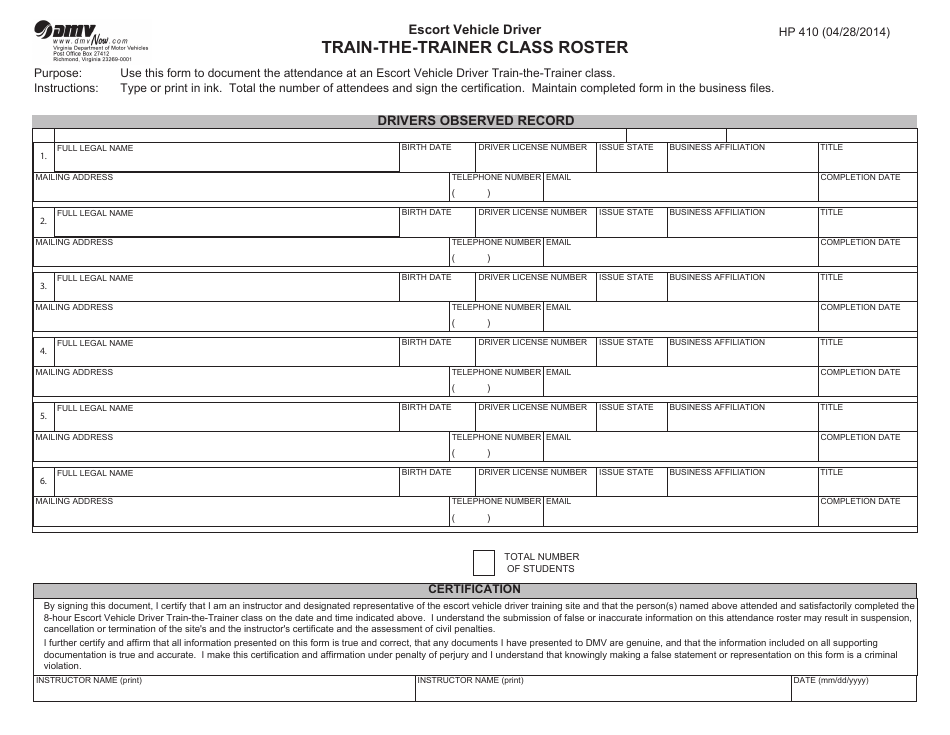Form HP410 Escort Vehicle Driver Train-The-Trainer Class Roster - Virginia, Page 1