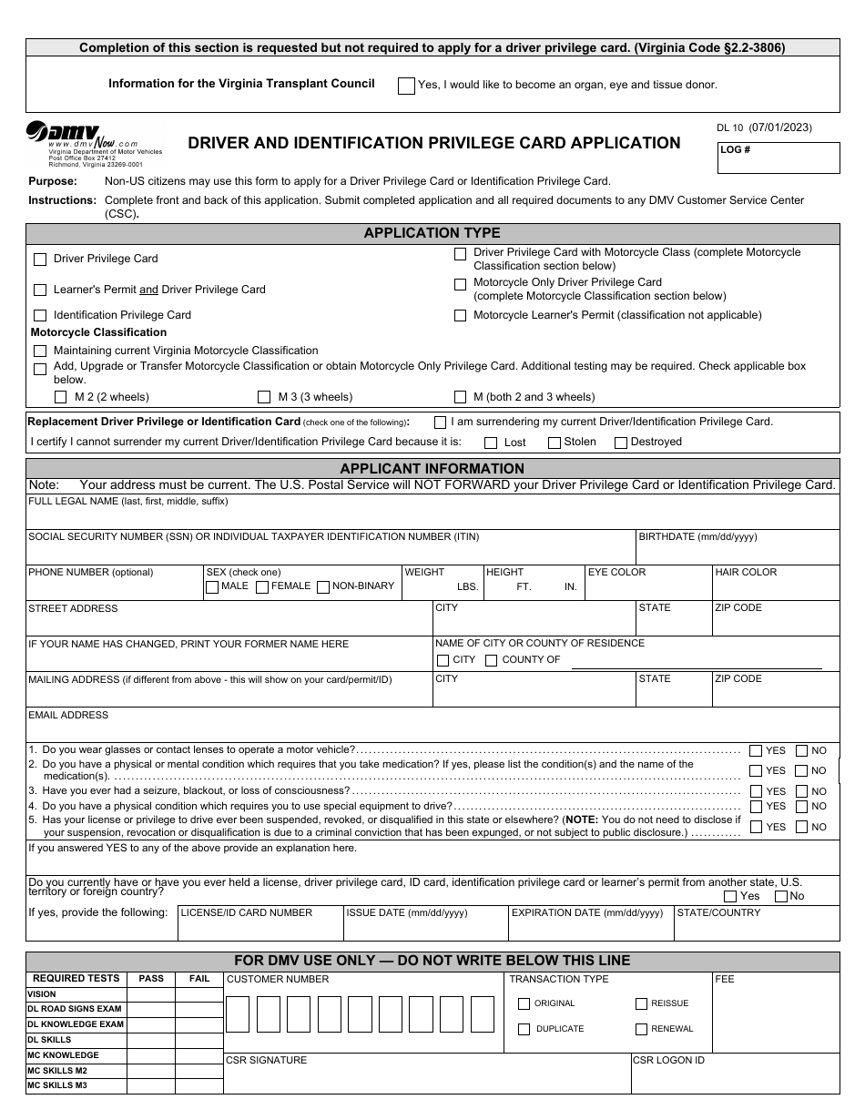 Form DL10 Driver and Identification Privilege Card Application - Virginia, Page 1