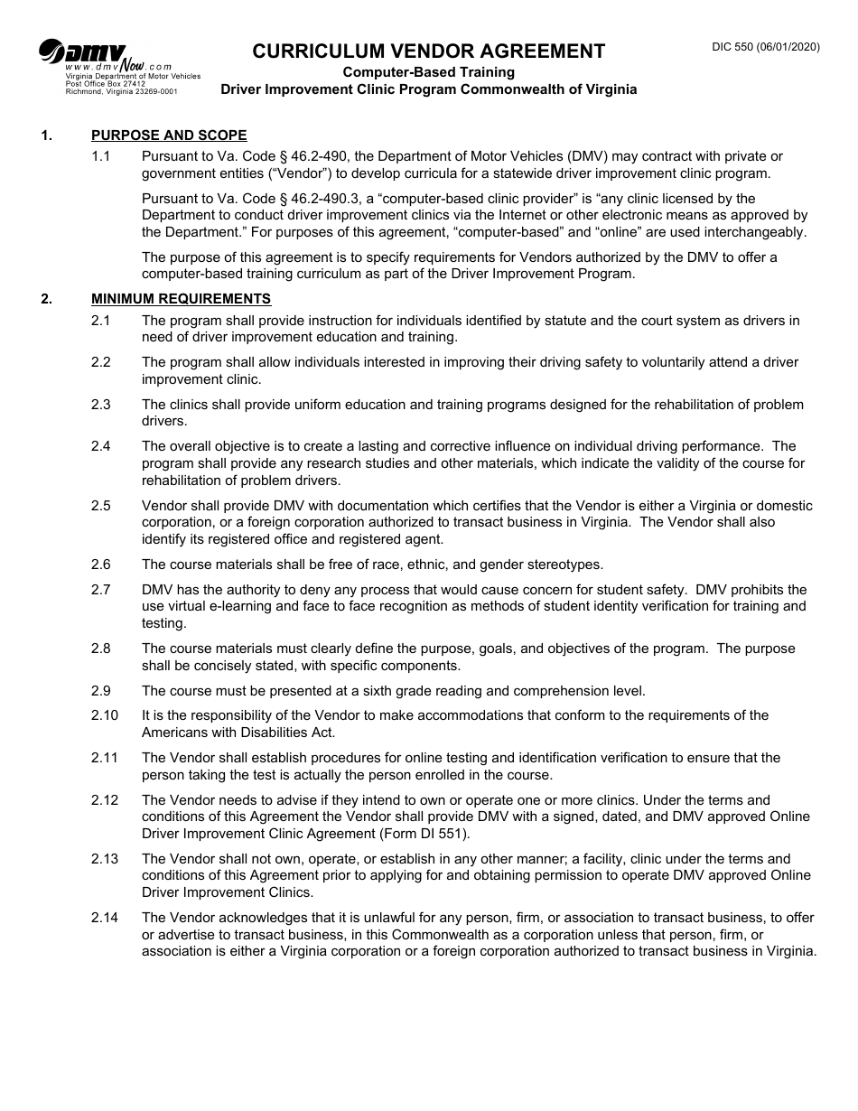 Form DIC550 Curriculum Vendor Agreement for Computer-Based Driving Improvement Training - Virginia, Page 1