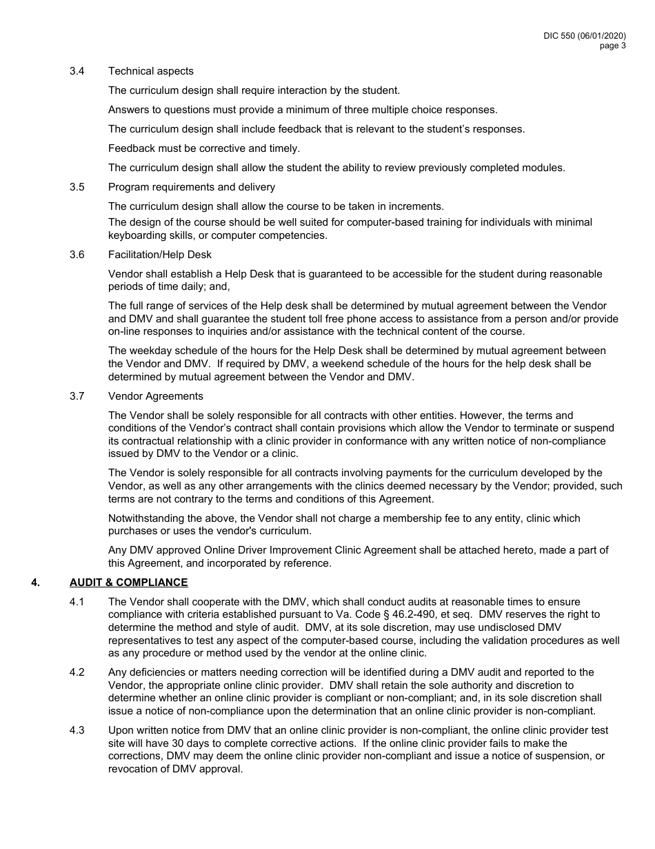 Form DIC550 Curriculum Vendor Agreement for Computer-Based Driving Improvement Training - Virginia, Page 3