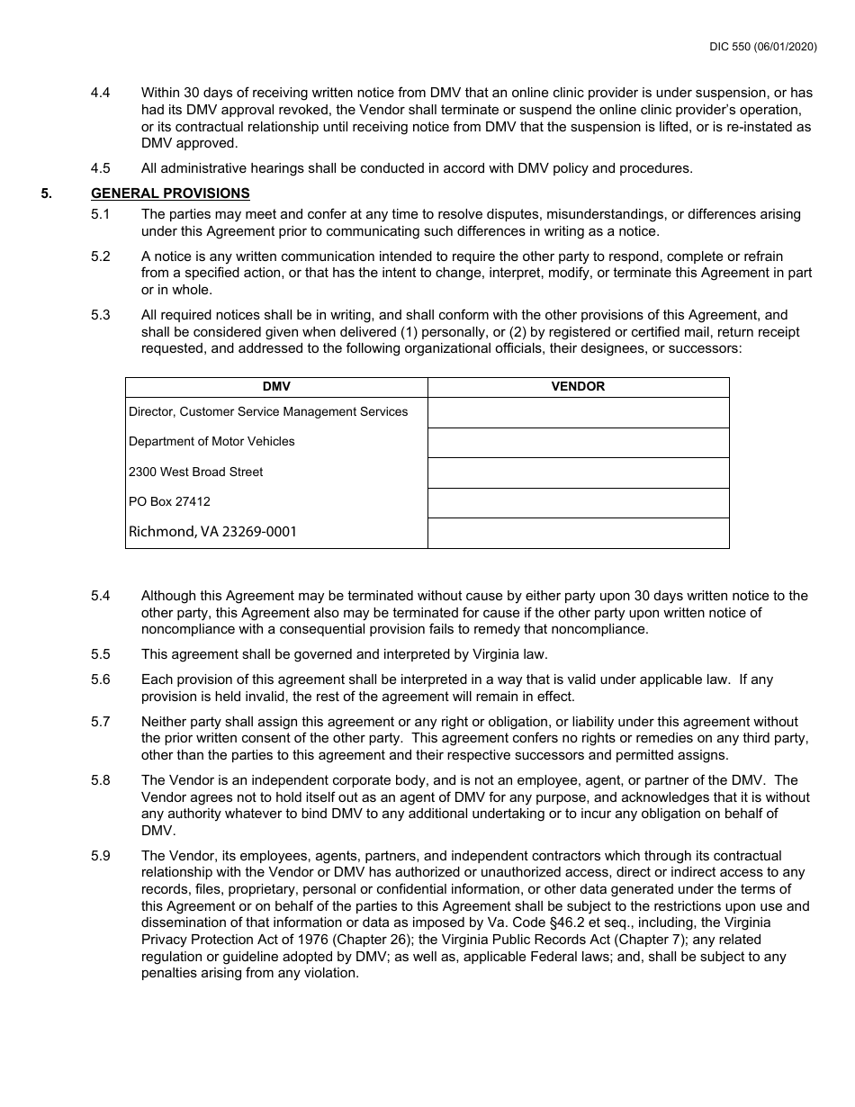 Form DIC550 Curriculum Vendor Agreement for Computer-Based Driving Improvement Training - Virginia, Page 4