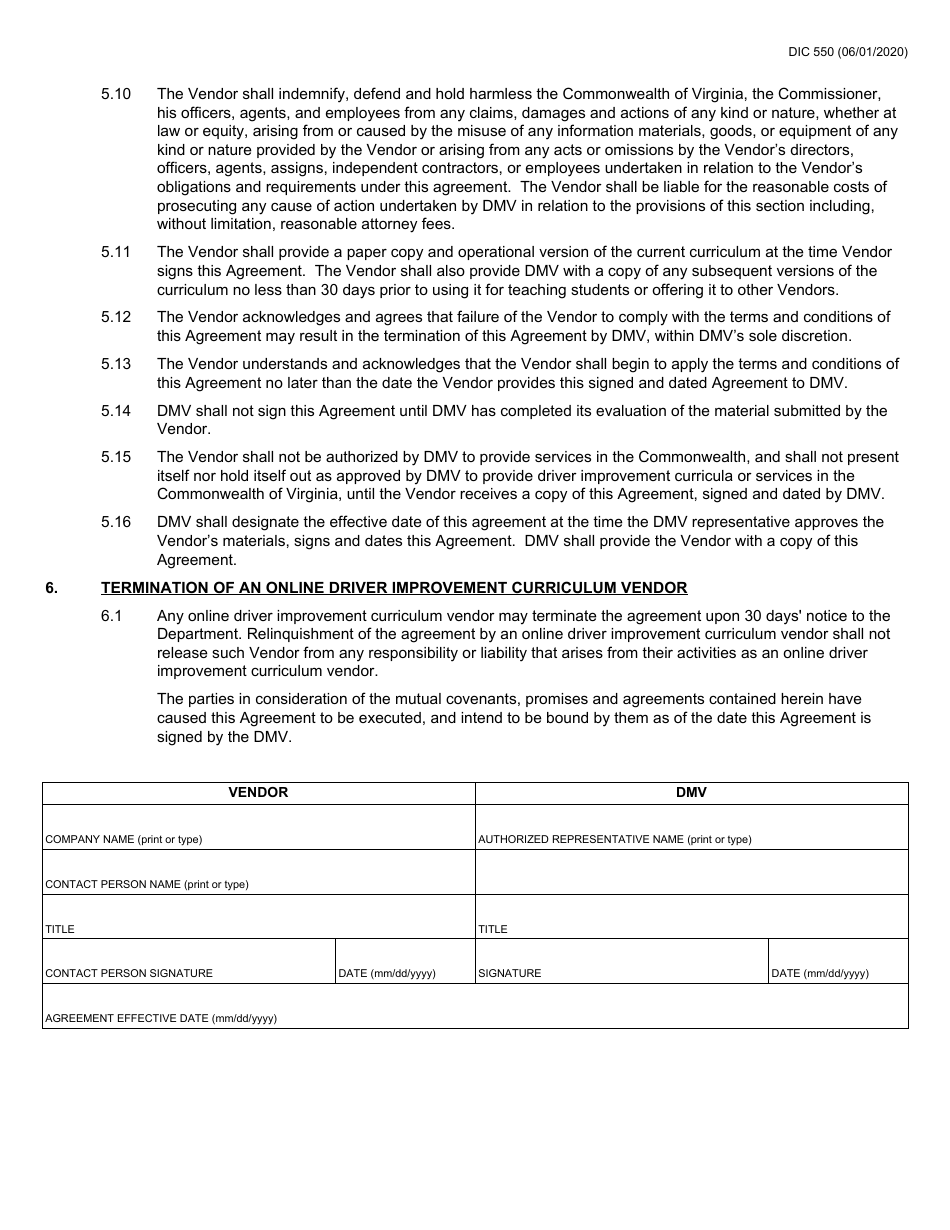 Form DIC550 Curriculum Vendor Agreement for Computer-Based Driving Improvement Training - Virginia, Page 5