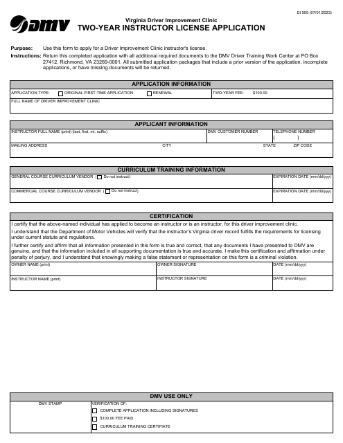 Form DI505 Virginia Driver Improvement Clinic Two-Year Instructor License Application - Virginia