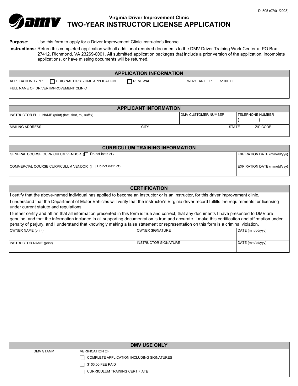 Form DI505 Virginia Driver Improvement Clinic Two-Year Instructor License Application - Virginia, Page 1