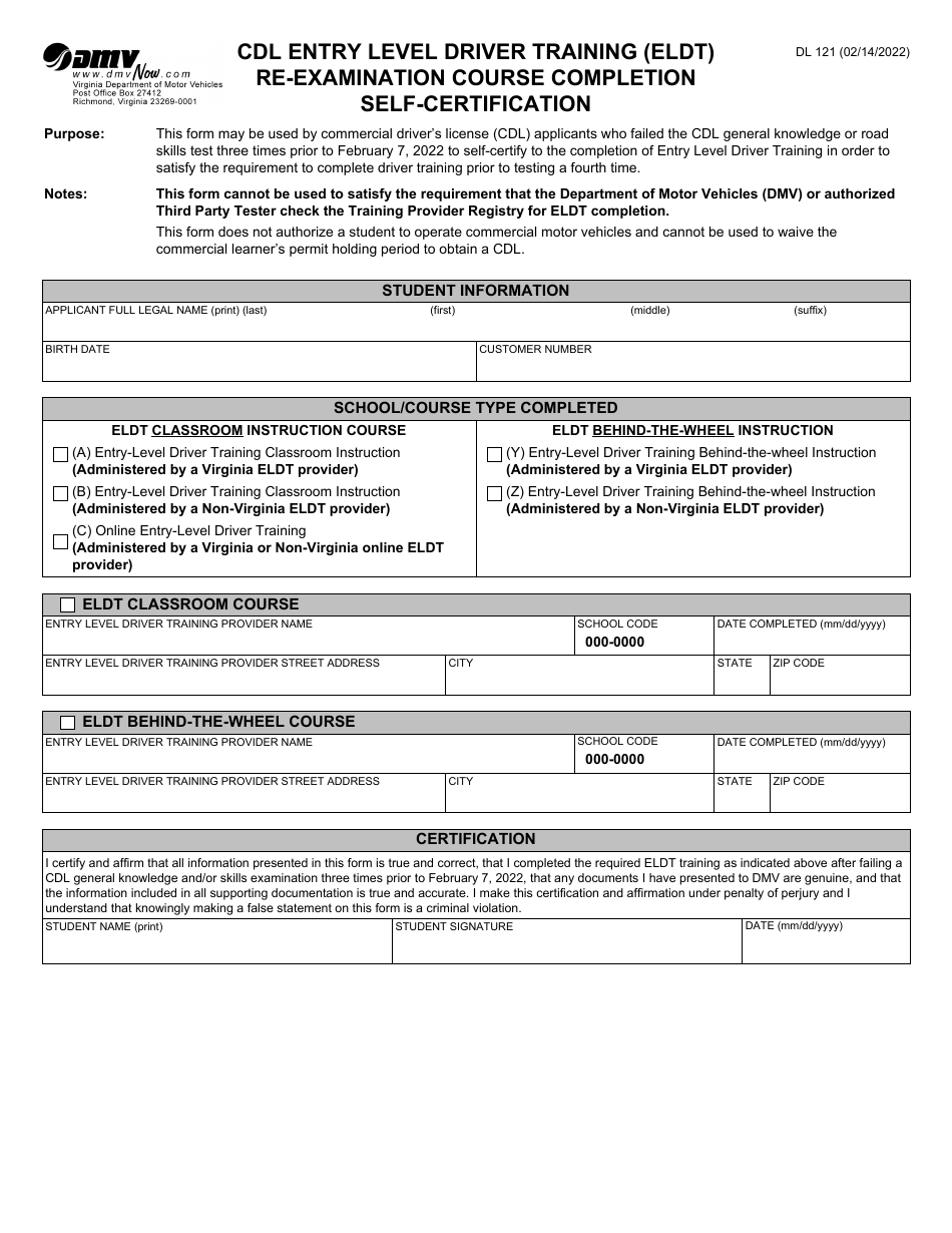 Form DL121 Cdl Entry Level Driver Training (Eldt) Re-examination Course Completion Self-certification - Virginia, Page 1