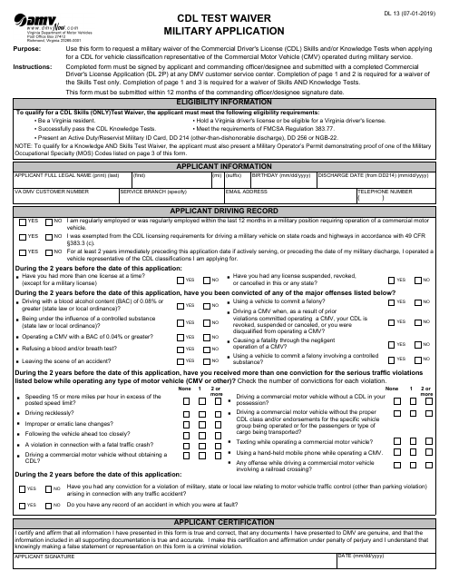 Form DL13 Cdl Test Waiver Military Application - Virginia