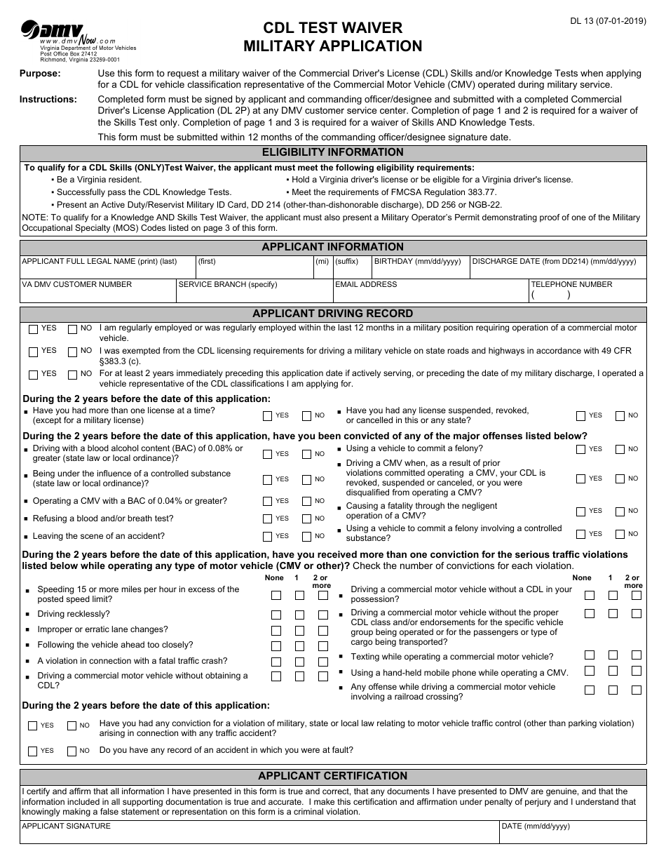 Form DL13 Cdl Test Waiver Military Application - Virginia, Page 1