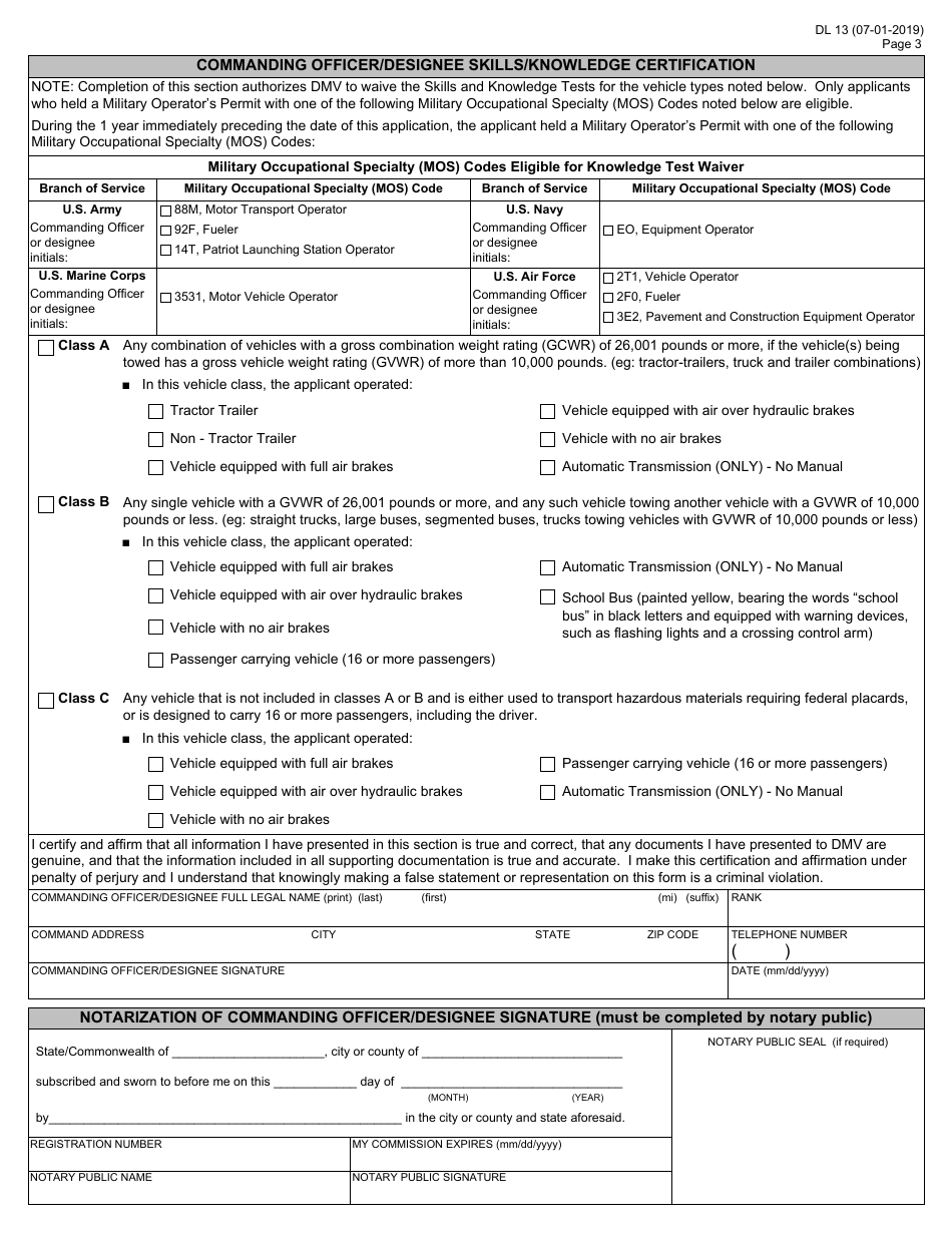 Form DL13 Cdl Test Waiver Military Application - Virginia, Page 3