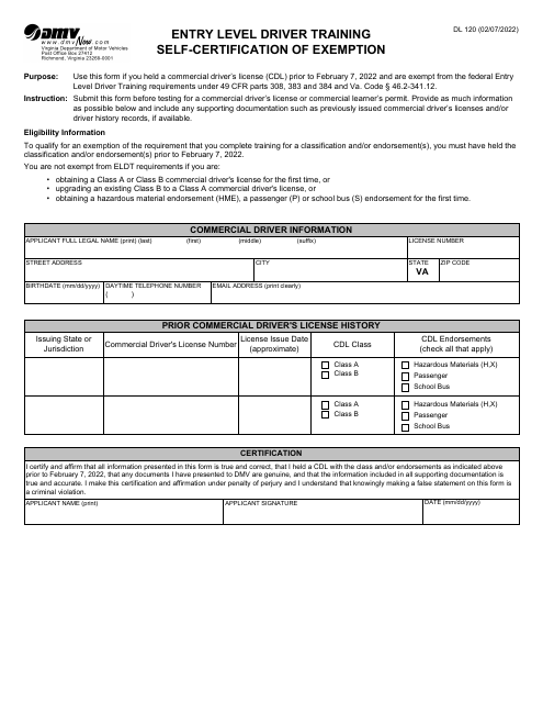 Form DL120 Entry Level Driver Training Self-certification of Exemption - Virginia