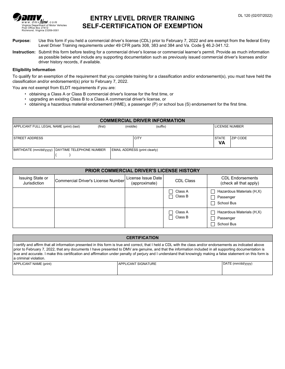 Form DL120 Entry Level Driver Training Self-certification of Exemption - Virginia, Page 1
