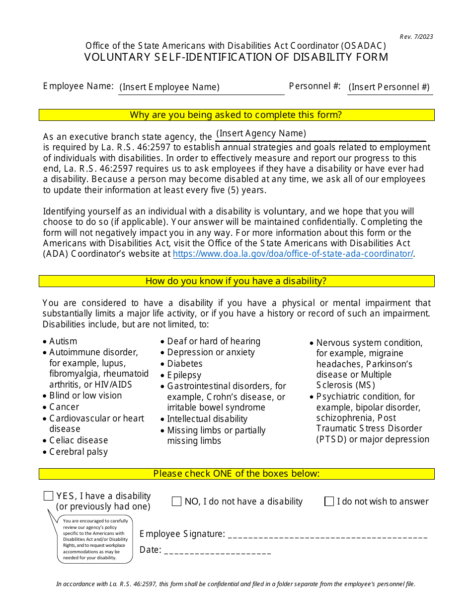 Voluntary Self-identification of Disability Form - Louisiana, Page 1