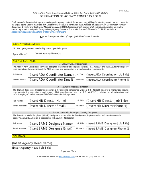Designation of Agency Contacts Form - Louisiana