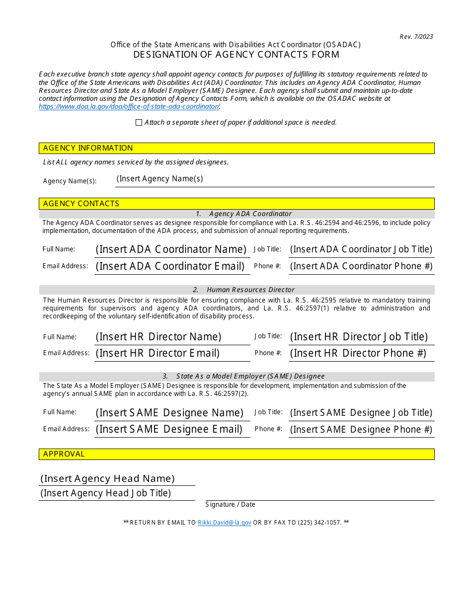 Designation of Agency Contacts Form - Louisiana, Page 1