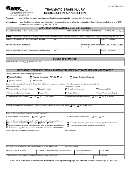 Form DL145 Traumatic Brain Injury Designation Application - Virginia