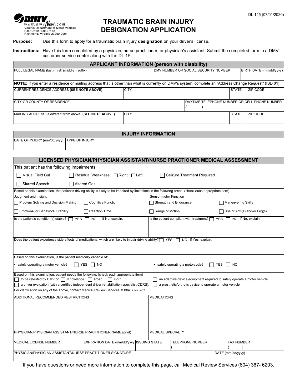 Form DL145 Traumatic Brain Injury Designation Application - Virginia, Page 1