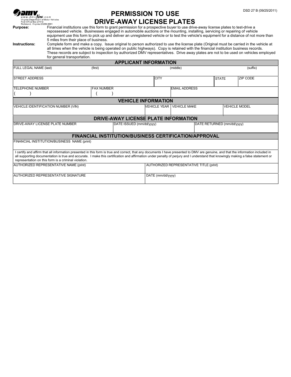 Form DSD27 B Permission to Use Drive-Away License Plates - Virginia, Page 1