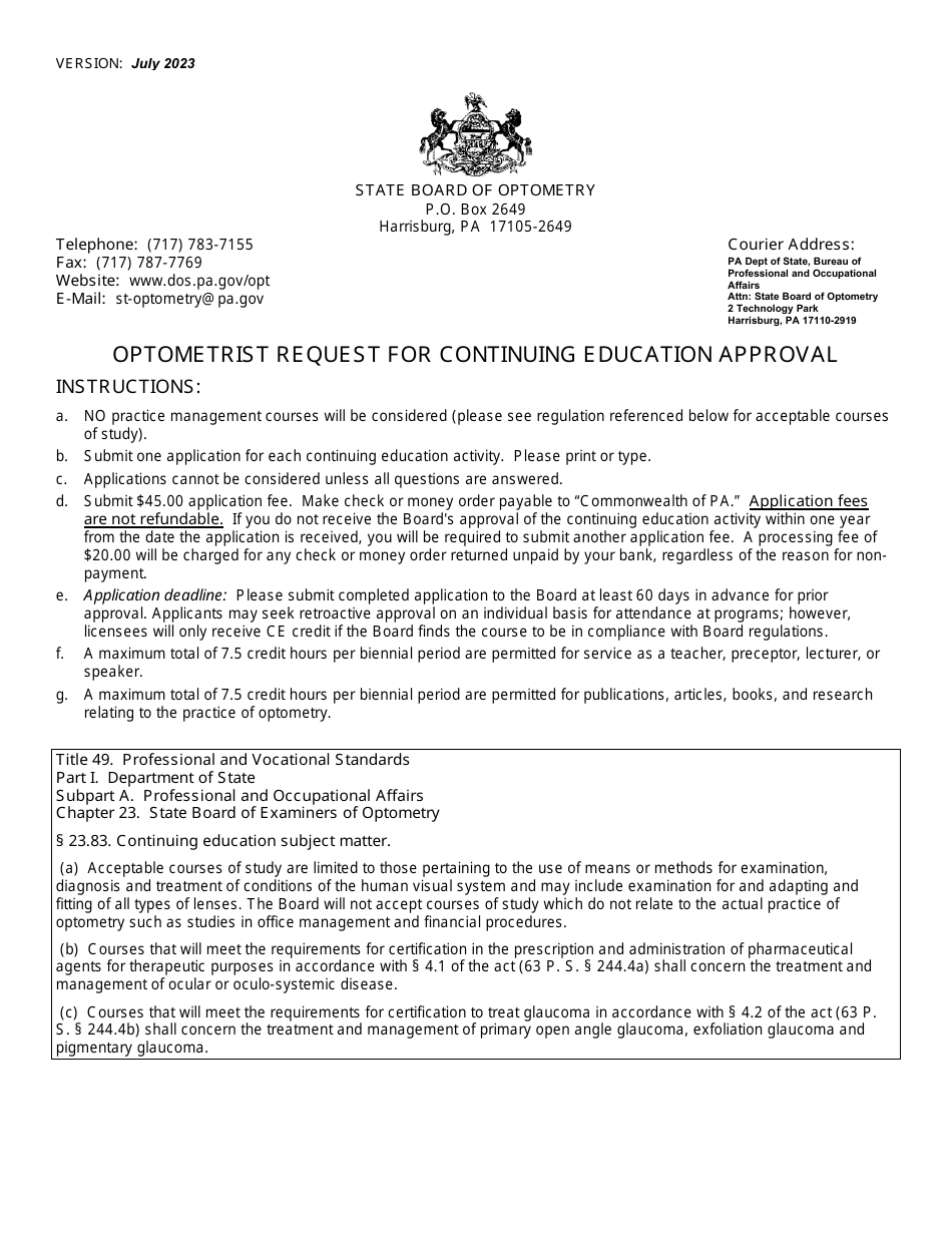 Optometrist Request for Continuing Education Approval - Pennsylvania, Page 1