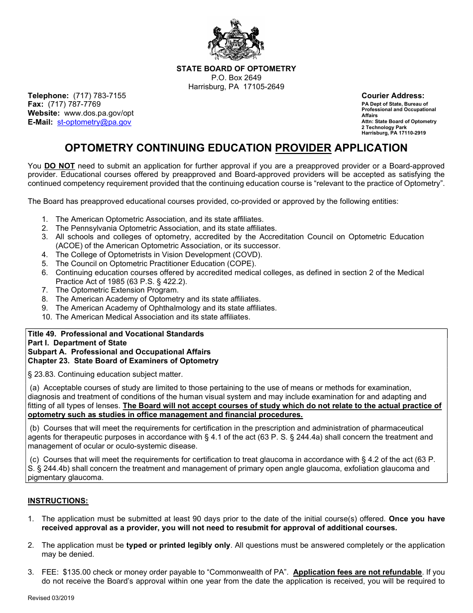 Optometry Continuing Education Provider Application - Pennsylvania, Page 1