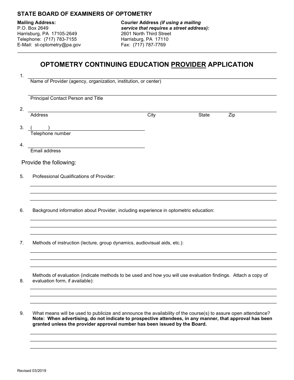 Optometry Continuing Education Provider Application - Pennsylvania, Page 3