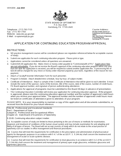 Application for Continuing Education Program Approval - Pennsylvania Download Pdf