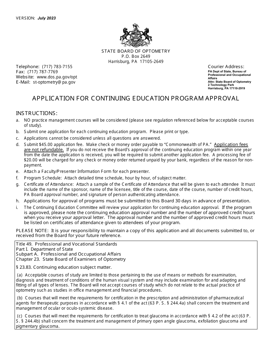 Application for Continuing Education Program Approval - Pennsylvania, Page 1