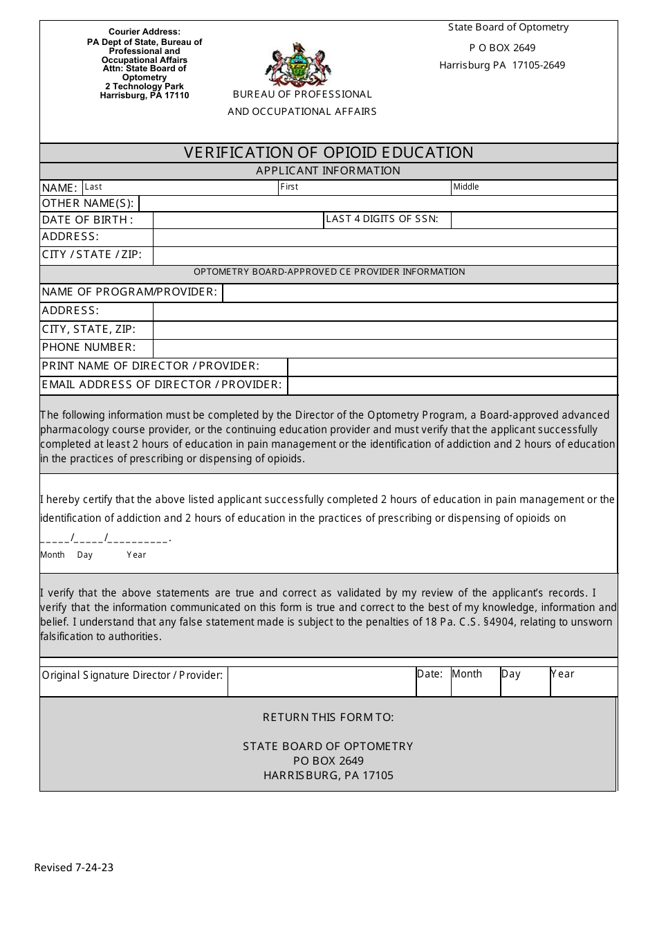Pennsylvania Verification of Opioid Education Fill Out, Sign Online