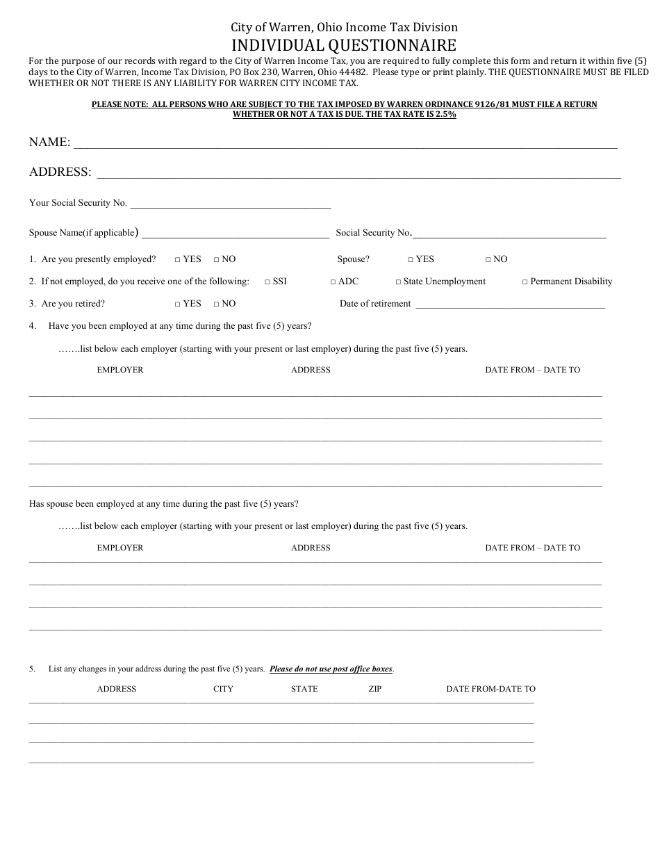 Individual Questionnaire - City of Warren, Ohio, Page 1