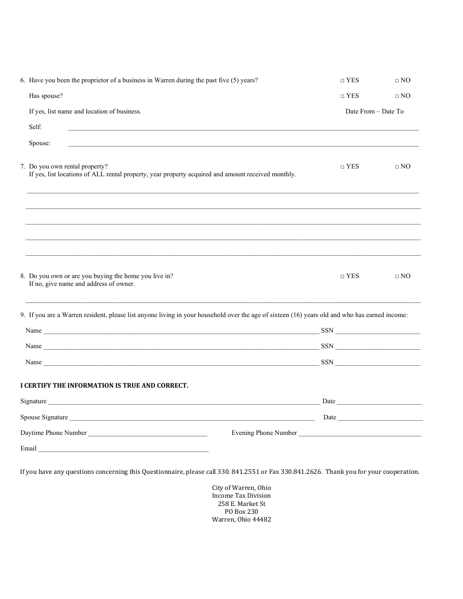 Individual Questionnaire - City of Warren, Ohio, Page 2