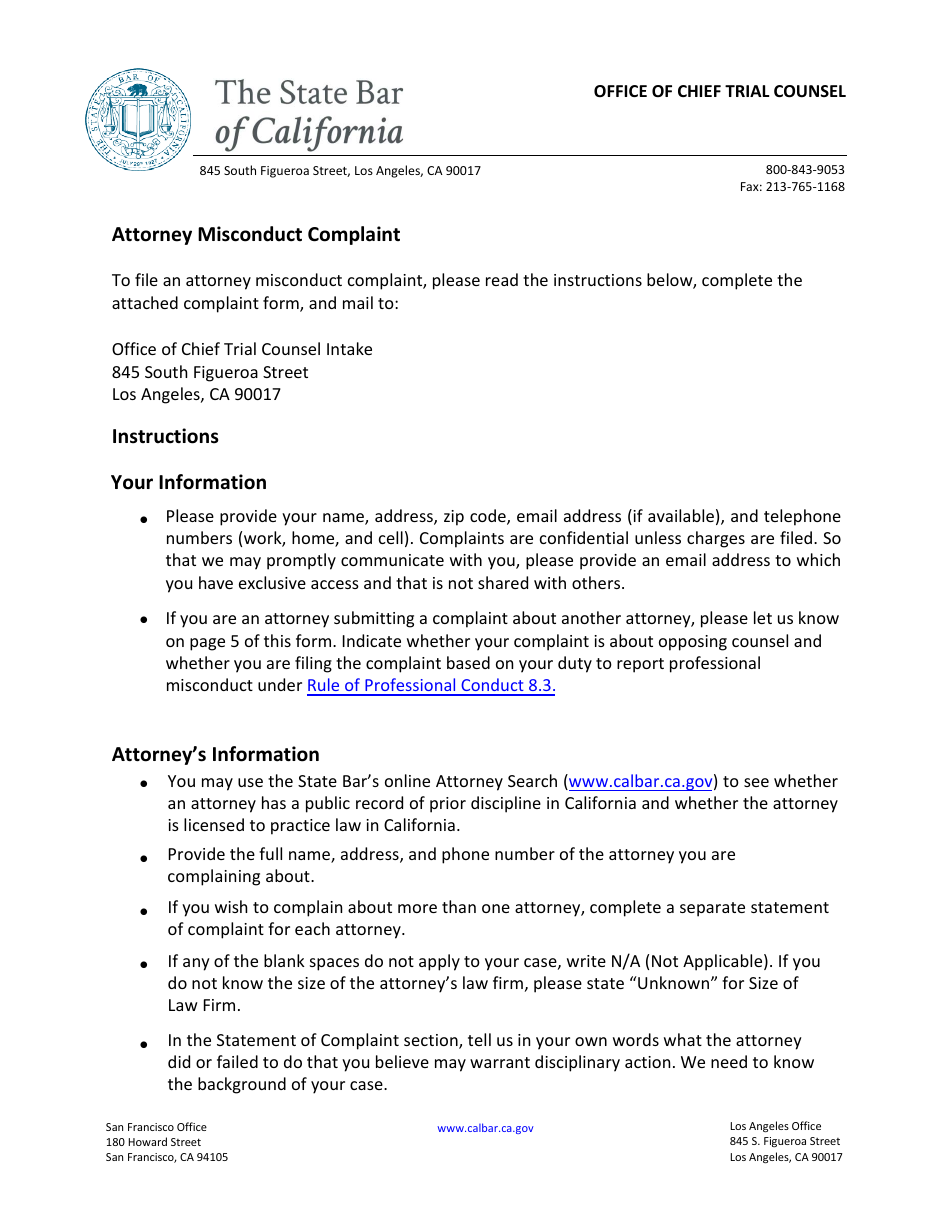 Attorney Misconduct Complaint Form - California, Page 1