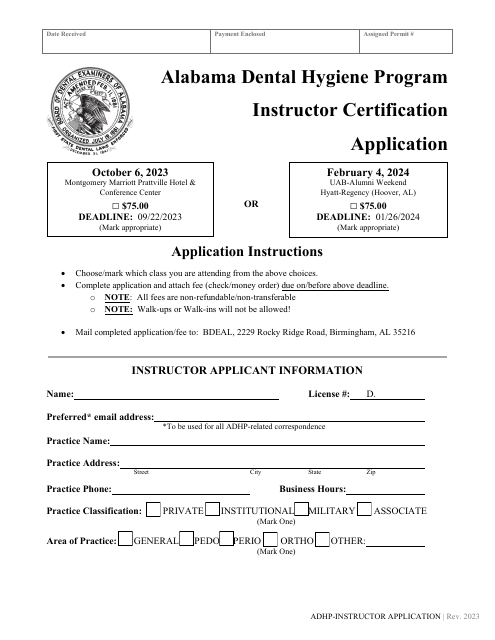 Instructor Certification Application - Alabama Dental Hygiene Program - Alabama, 2024