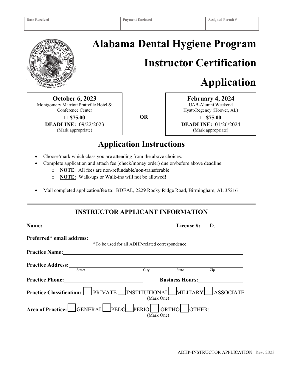 Instructor Certification Application - Alabama Dental Hygiene Program - Alabama, Page 1