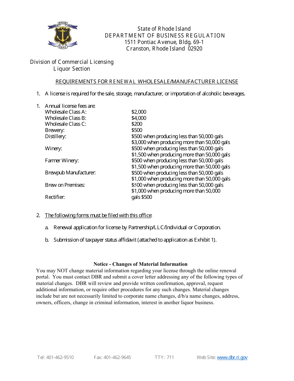 Renewal Application for Wholesale / Manufacturer License - Rhode Island, Page 1