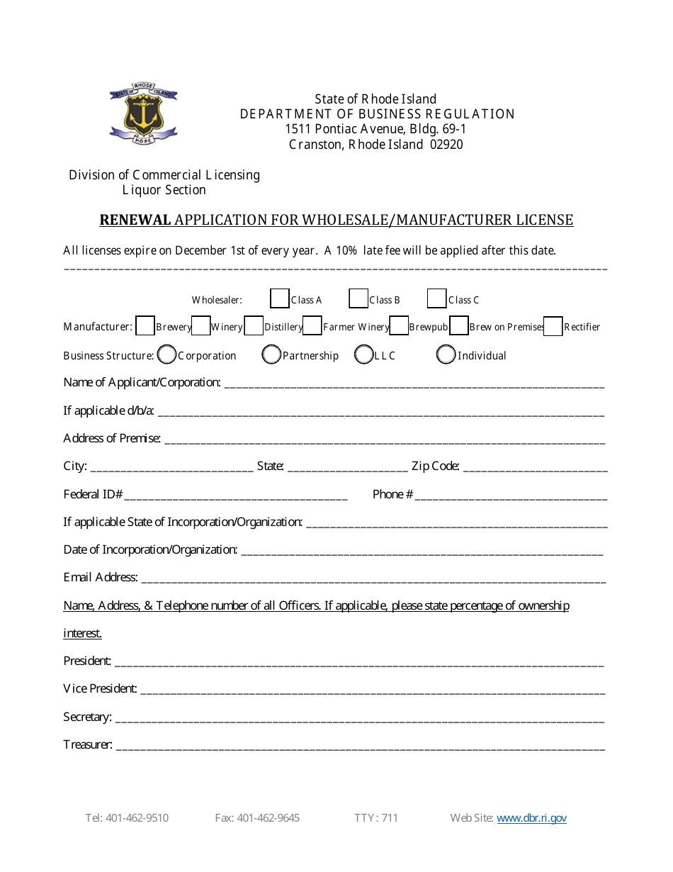 Renewal Application for Wholesale / Manufacturer License - Rhode Island, Page 2