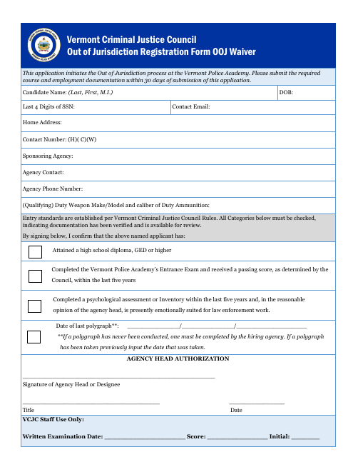Out of Jurisdiction Registration Form Ooj Waiver - Vermont