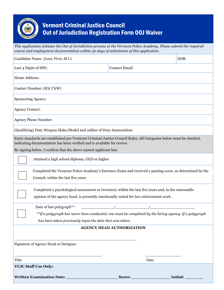 Out of Jurisdiction Registration Form Ooj Waiver - Vermont, Page 1