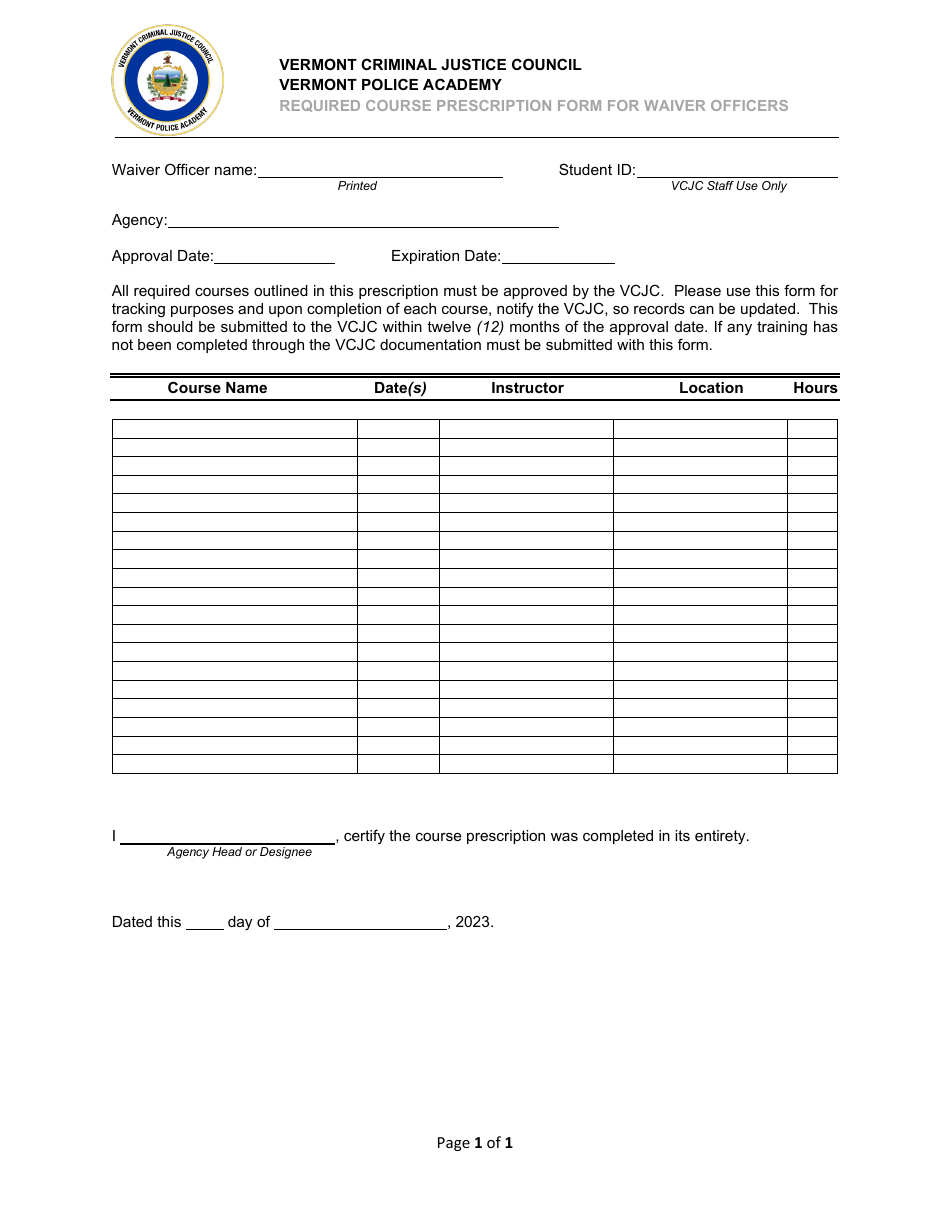 Required Course Prescription Form for Waiver Officers - Vermont, Page 1