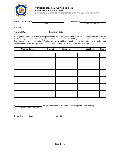 Required Course Prescription Form for Waiver Officers - Vermont