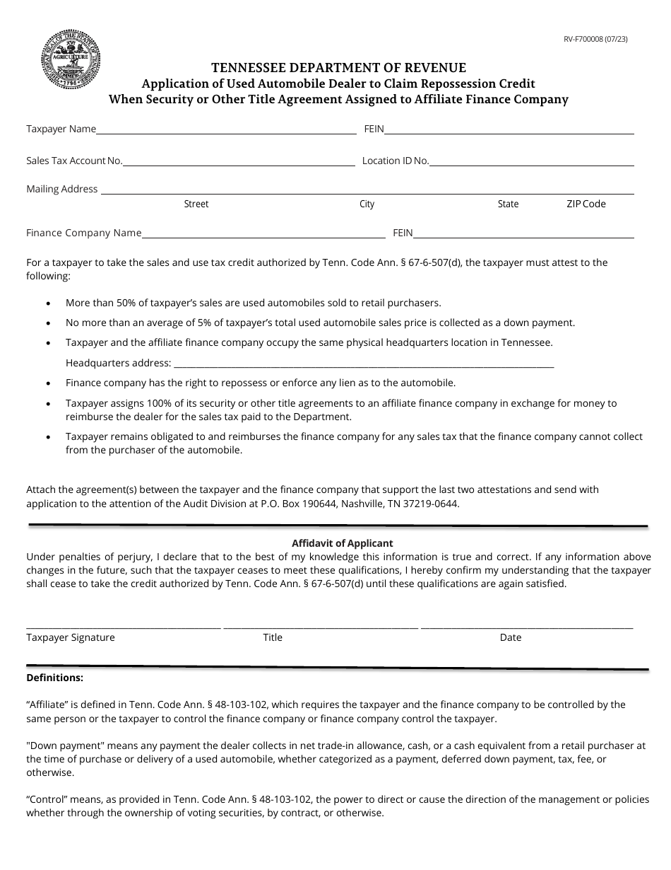 Form RV-F700008 Application of Used Automobile Dealer to Claim Repossession Credit When Security or Other Title Agreement Assigned to Affiliate Finance Company - Tennessee, Page 1