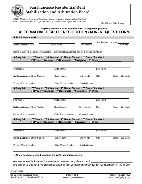Form 551 Alternative Dispute Resolution (Adr) Request Form - City and County of San Francisco, California
