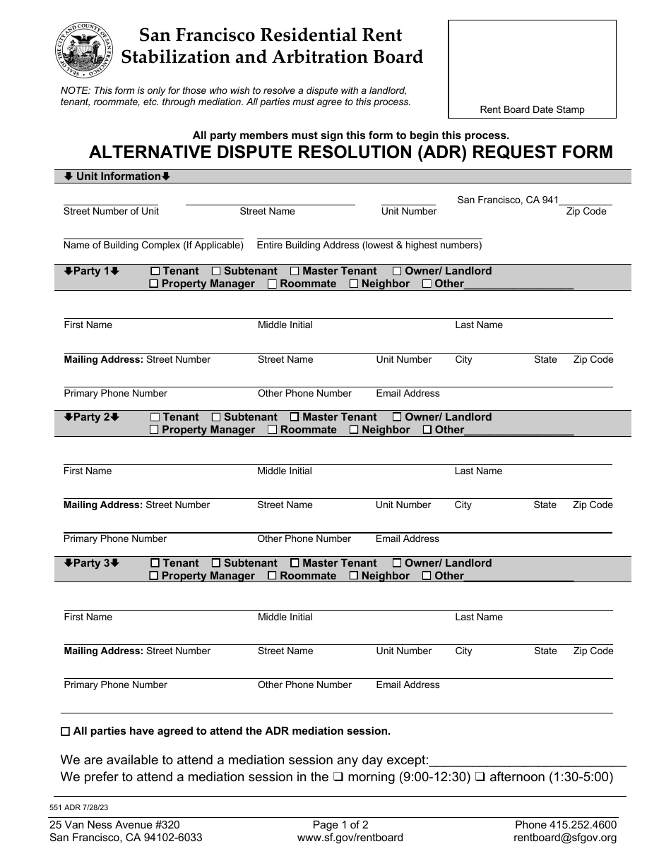Form 551 Alternative Dispute Resolution (Adr) Request Form - City and County of San Francisco, California, Page 1